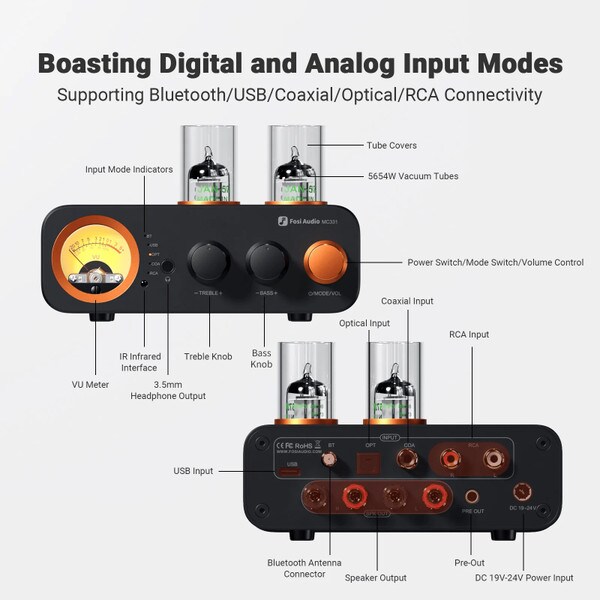 Main product image for Fosi Audio MC331 2.1 Tube Integrated Bluetooth Amplifier with DAC and VU Meter235-286